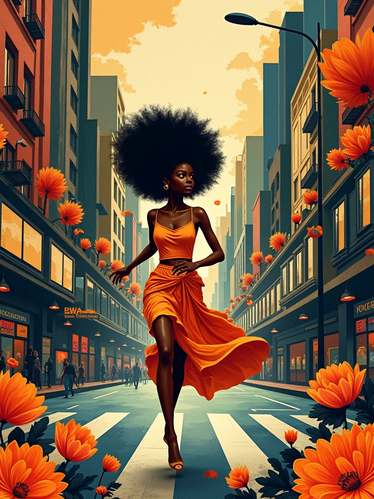 A surreal afro-american woman running in the streets of a bustling metropolis. The background features abstract shapes and lines, creating an atmosphere reminiscent of Indian art styles. This artwork includes various textures such as woodcut print texture, colored ink texture, oil painting texture, and paper-cut style. It also incorporates elements like flowers or patterns, adding to its artistic charm. The artwork is in the style of Indian art.
