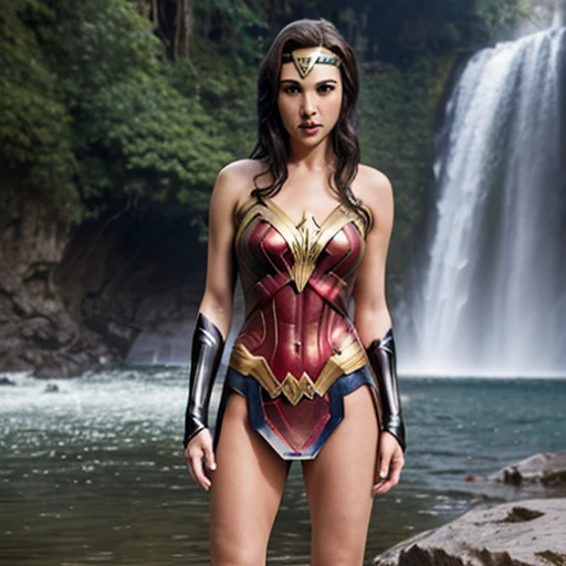 Close-up of a beautiful woman((Gal Gadot))Beautiful and detailed face, perfect big and expressive eyes, long black hair with bangs, plump and pink lips, standing in the background a waterfall ,full body 1.2 slender big breasts, nsfw image 1.2 high resolution 12k image
