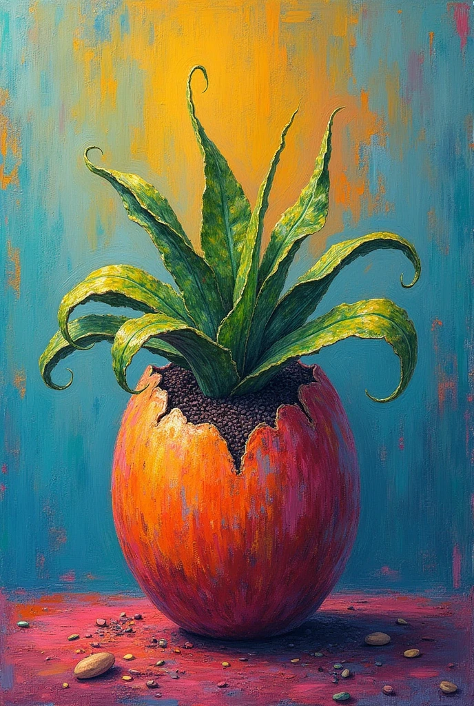 a detailed painting of an egg plant made with crayon, vivid colors, textured crayon strokes, intricate details, soft lighting, complementary color scheme, surreal atmosphere, masterpiece, photorealistic, 8k, ultra-detailed, extremely detailed, professional painting, hyperrealistic, surreal, whimsical, creative, imaginative, vibrant, striking, compelling, captivating