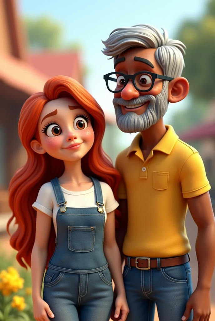 3D Cartoon Woman Character, disney pixar style, eyes browns, long red hair long, freckles on nose and cheeks, wearing long denim overalls and a white t-shirt. Next to Man having no beard. black elderly man, hair grey, wearing jeans and a yellow polo shirt and prescription glasses.