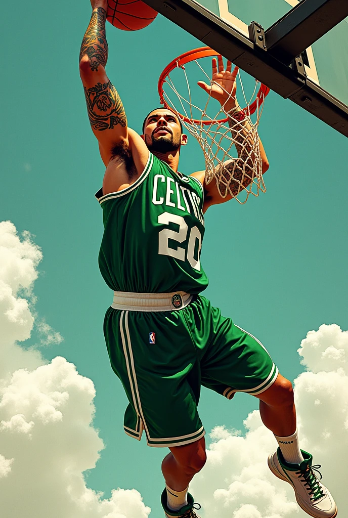 A man dunking with his arm covered in a Boston Celtics jersey tattoo