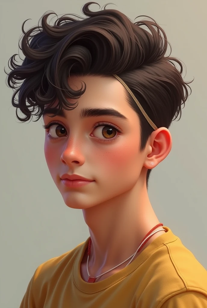 Man between 14 - 16 years Old, tall, with 3b curly dark brown medium length hair that is being hold tighly by a hairband and styled in a slickback in a realistic style