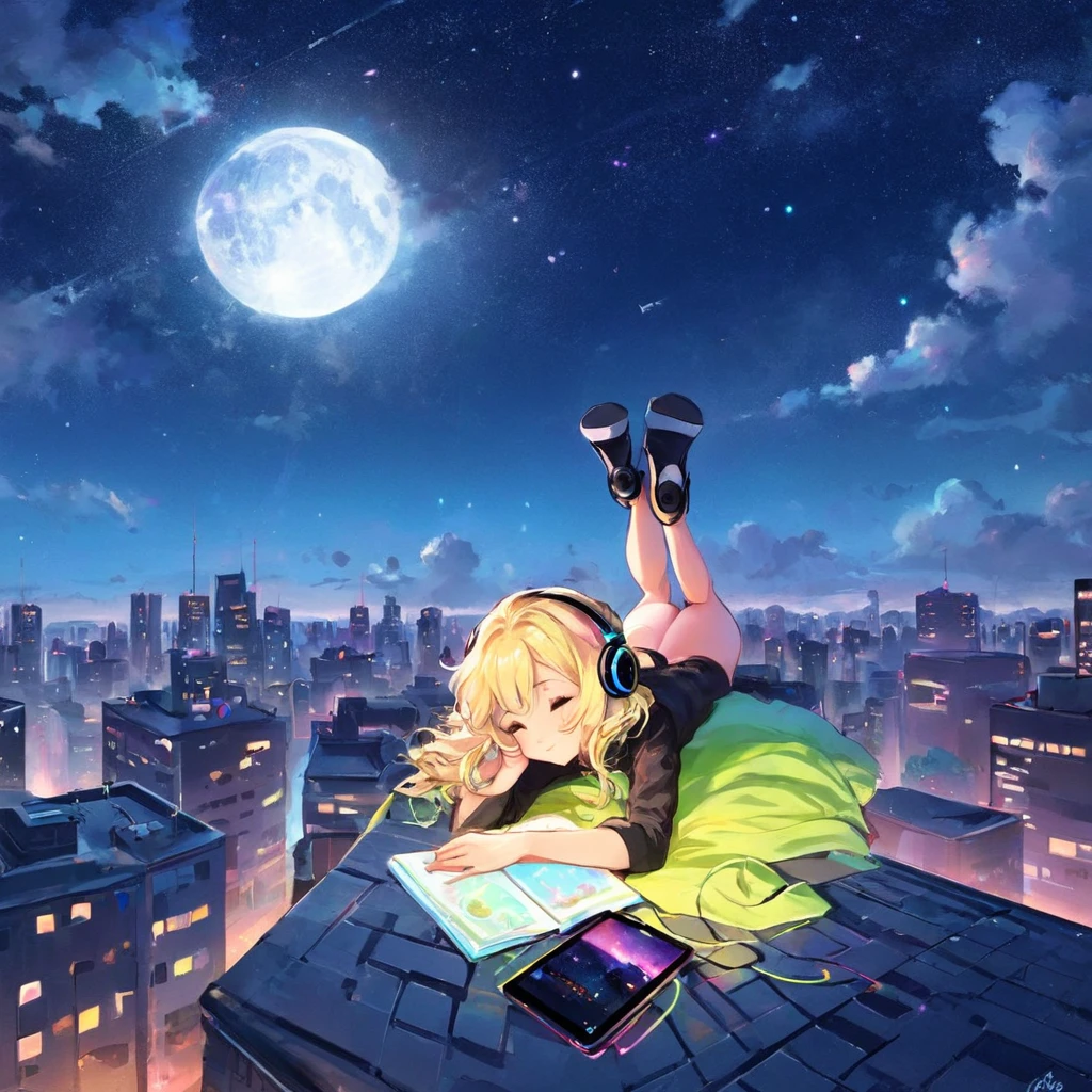 a beautiful 20 year old blonde woman with big messy hair laying down on a cloud in the sky floating over a cityscape at night, wearing headphones, looking down at the city, twinkling stars and glowing moon, fantasy art style, full body, rossdraws cartoon vibrant, cyberpunk, cute detailed digital art, colorfull digital fantasy art, digital fantasy art ), glossy digital painting, rossdraws pastel vibrant, rossdraws 2. 5, rossdraws 1. 0