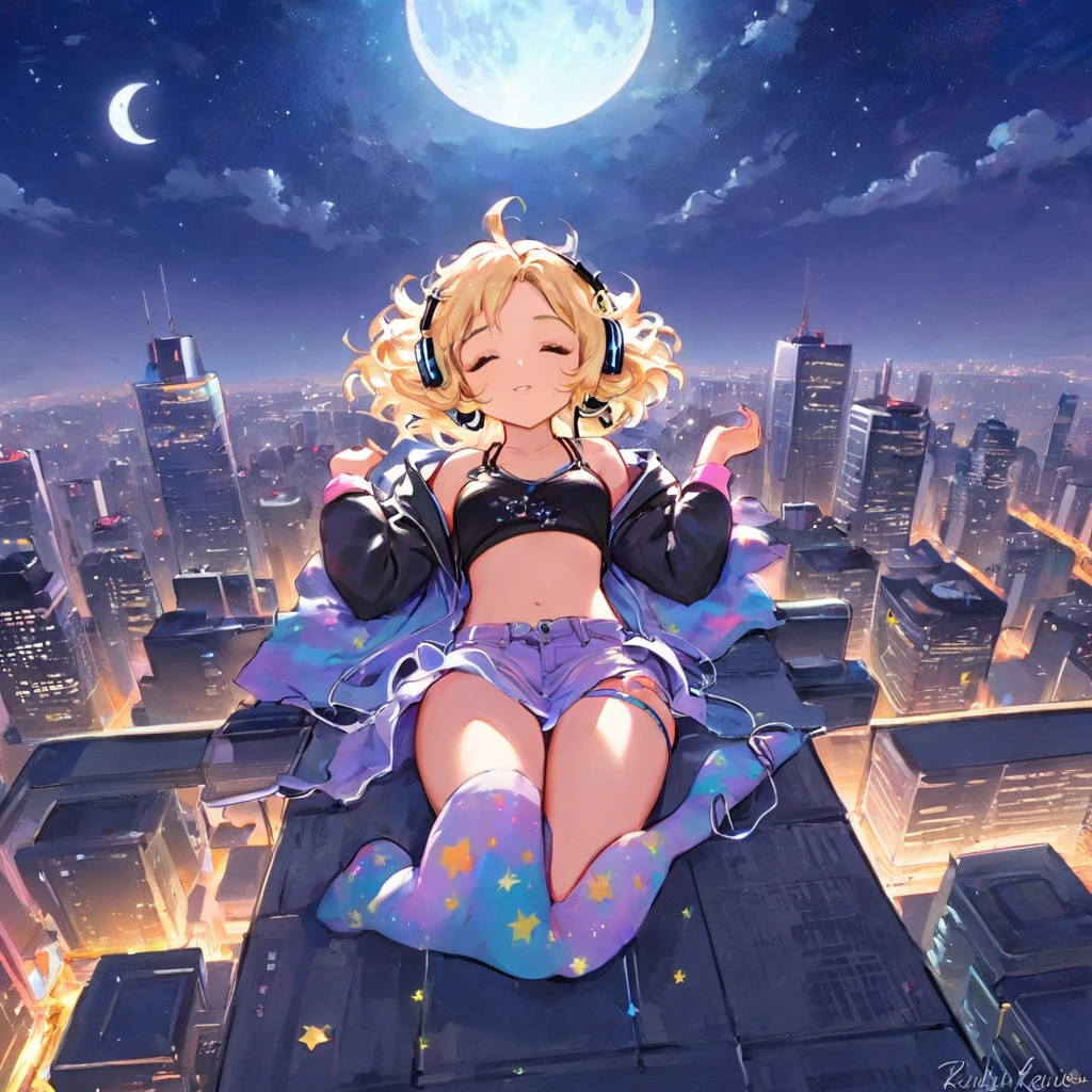 a beautiful 20 year old blonde woman with big messy hair laying down on a cloud in the sky floating over a cityscape at night, wearing headphones, looking down at the city, twinkling stars and glowing moon, fantasy art style, full body, rossdraws cartoon vibrant, cyberpunk, cute detailed digital art, colorfull digital fantasy art, digital fantasy art ), glossy digital painting, rossdraws pastel vibrant, rossdraws 2. 5, rossdraws 1. 0