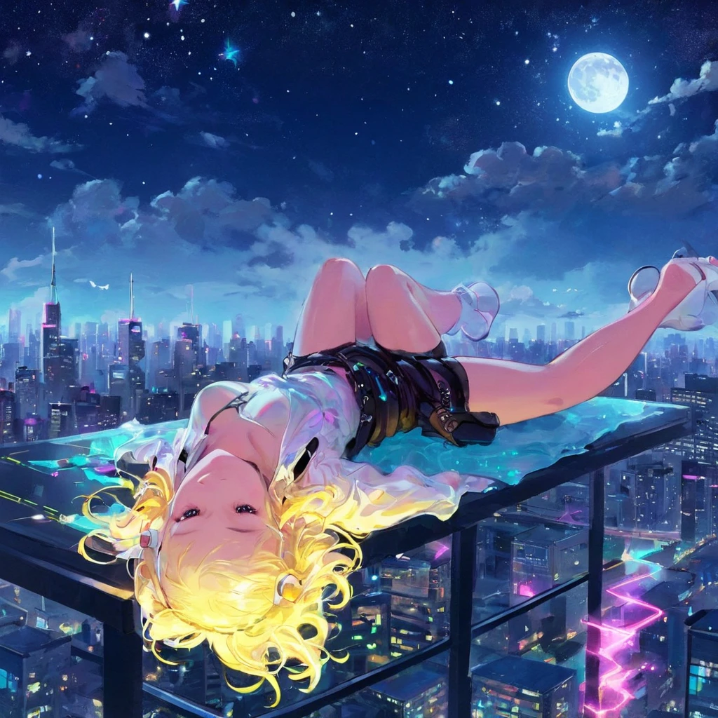 a beautiful 20 year old blonde woman with big messy hair laying down on a cloud in the sky floating over a cityscape at night, wearing headphones, looking down at the city, twinkling stars and glowing moon, fantasy art style, full body, rossdraws cartoon vibrant, cyberpunk, cute detailed digital art, colorfull digital fantasy art, digital fantasy art ), glossy digital painting, rossdraws pastel vibrant, rossdraws 2. 5, rossdraws 1. 0