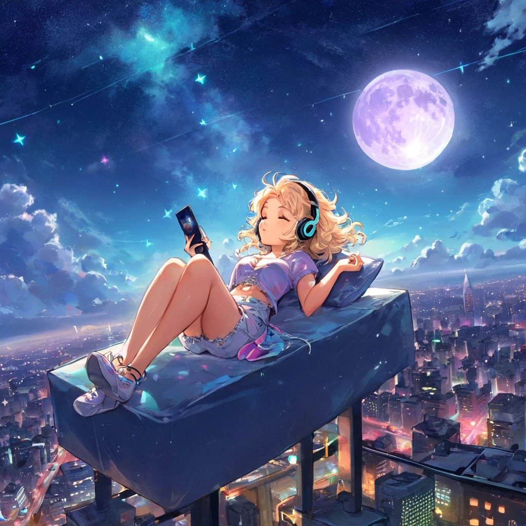 a beautiful 20 year old blonde woman with big messy hair laying down on a cloud in the sky floating over a cityscape at night, wearing headphones, looking down at the city, twinkling stars and glowing moon, fantasy art style, full body, rossdraws cartoon vibrant, cyberpunk, cute detailed digital art, colorfull digital fantasy art, digital fantasy art ), glossy digital painting, rossdraws pastel vibrant, rossdraws 2. 5, rossdraws 1. 0