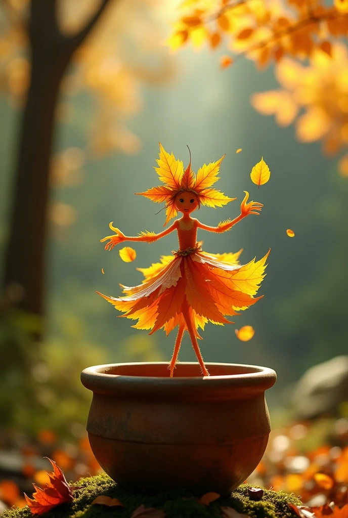 A whimsical miniature figure composed 
of delicately arranged autumn leaves,
poised in a carefree dance on the rim of 
a weathered
pot, set against a lush, vibrant forest
backdrop, where dappled sunlight filters 
through the canopy above, casting 
intricate shadows, The overall aesthetics 
with warm. earthy number, 