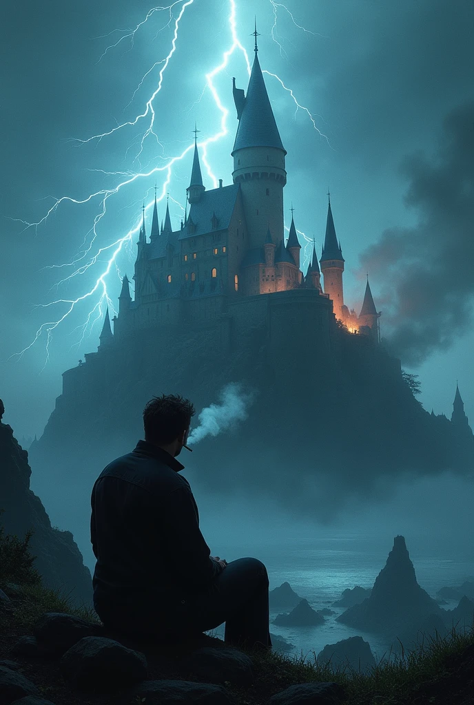A castle being destroyed by lightning and a man sitting just watching while smoking a cigarette