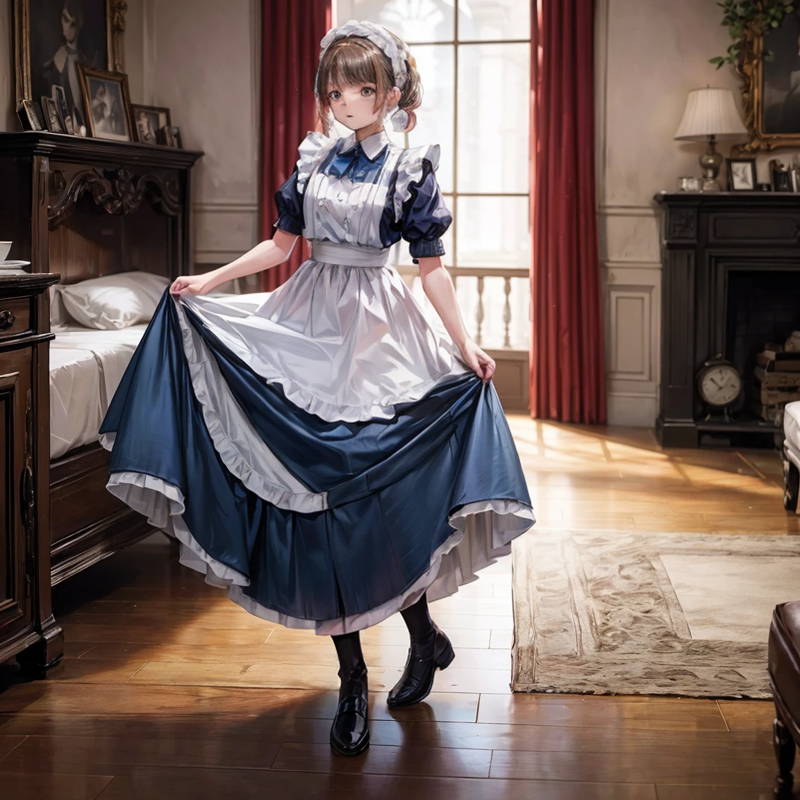 A woman is standing on the floor wearing a maid's uniform, alone, ((Stick your butt out towards the viewer)), (shiny dark pink satin panties:1.3), Lift up the hem of your skirt with both hands, Lift up your skirt, ((Show your butt to the audience, Showing panties, Embarrassed face, Watery eye)), ((Show the crack of the buttocks:1.2))