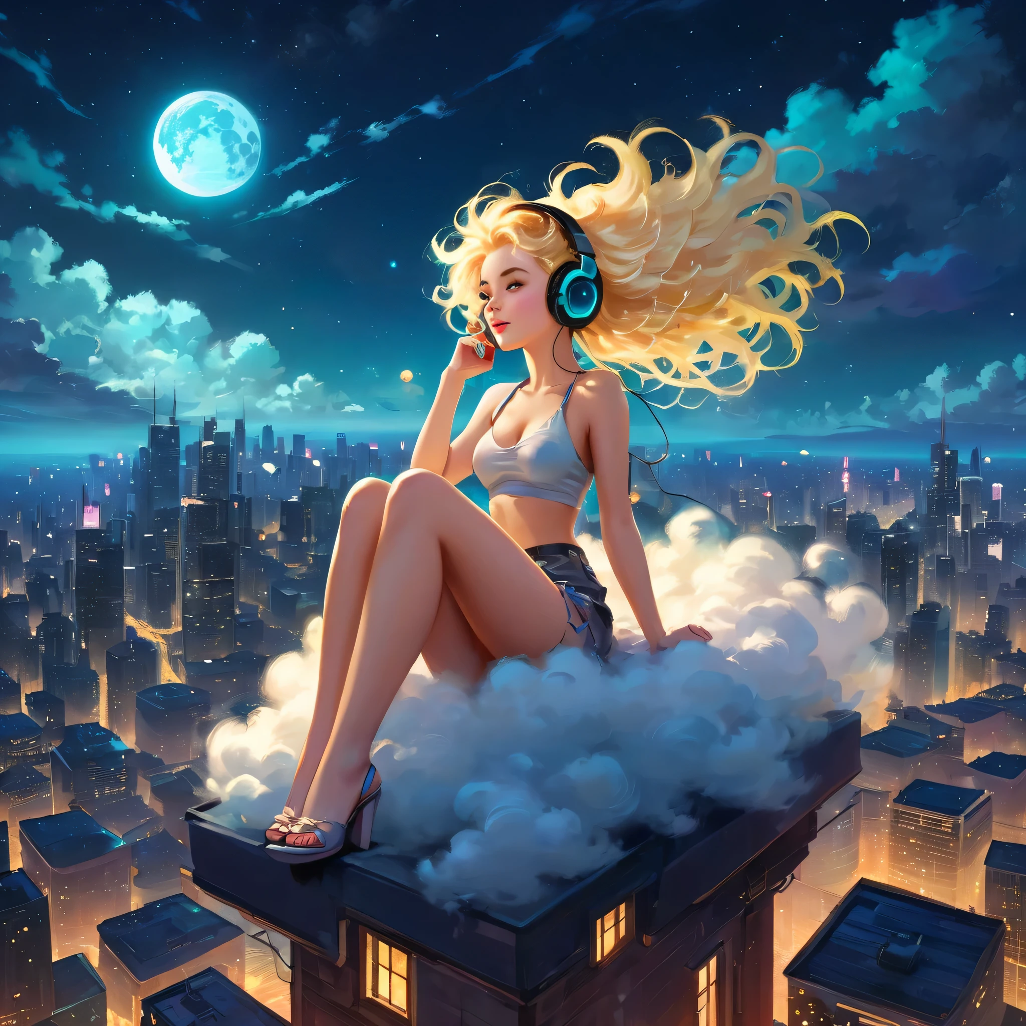 a beautiful 20 year old blonde woman with big messy hair laying down on a cloud in the sky floating over a cityscape at night, wearing headphones, looking down at the city, twinkling stars and glowing moon, fantasy art style, full body, rossdraws cartoon vibrant, cyberpunk, cute detailed digital art, colorfull digital fantasy art, digital fantasy art ), glossy digital painting, rossdraws pastel vibrant, rossdraws 2. 5, rossdraws 1. 0