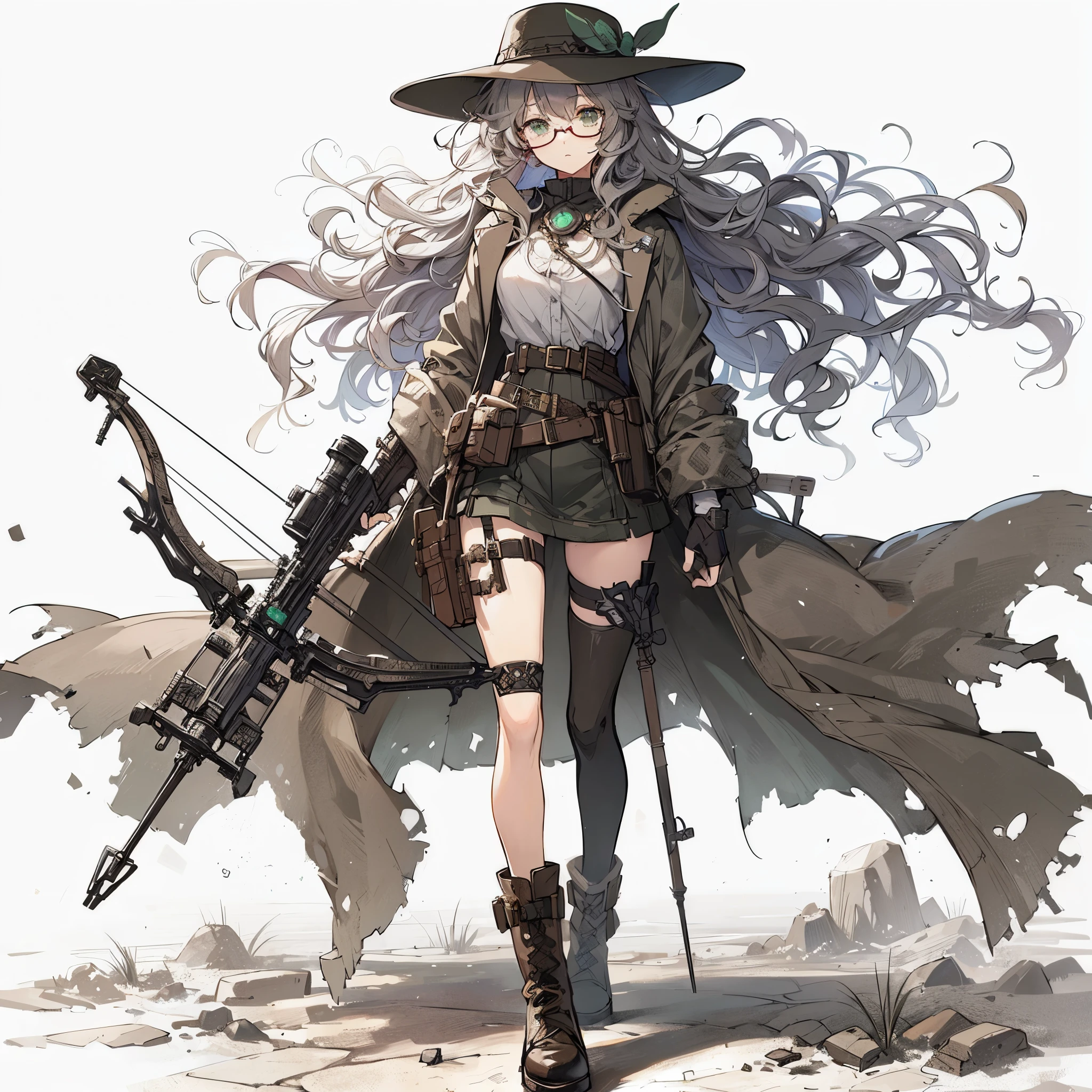 (Masterpiece, Top Quality), (Fine Hair), Ultra-Detailed, Anime like illustration Style, Solo, Full Length, ultra-massive. muscular, fantasy archeologist girl, with ash grey curly hair, green eyes and thick glasses, a black-green broad hat, and Antiquity gear crossbow attached in both arms. Dressed in a ragged grey duster coat, and thigh-length boots, she stands on the desolate ground! White background, standing full length,
