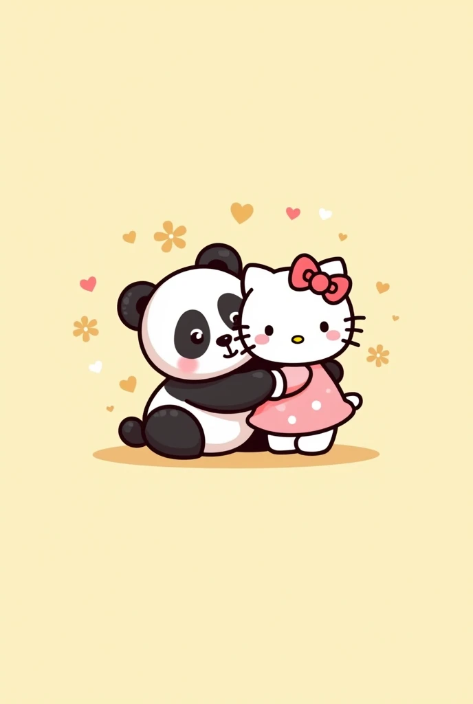 Create a logo that includes a cute animated panda and animated Hello Kitty as well and the background is a baby yellow shade.. Let the panda not be so stubborn and make it look like they are hugging each other