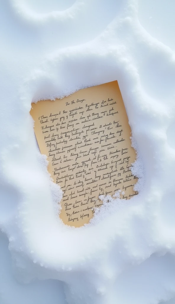 a paper letter lying in the snow, a lot of things written on it, partially covered in snow. Snow is still falling around them.