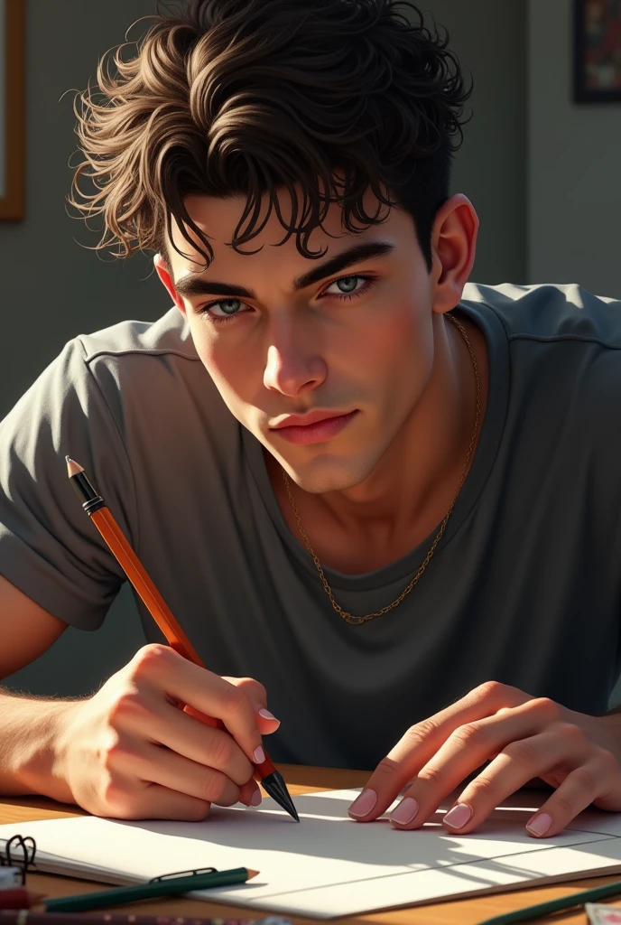 A young man with dark brown hair with curls, white, 18 years old, slightly trained body, really handsome, tall and grey eyes, sharp jaw and cheekbones, drawing