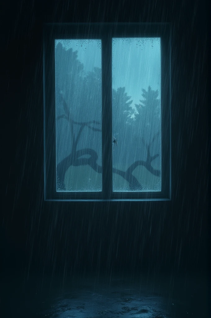A stormy night with rain lashing against a window.