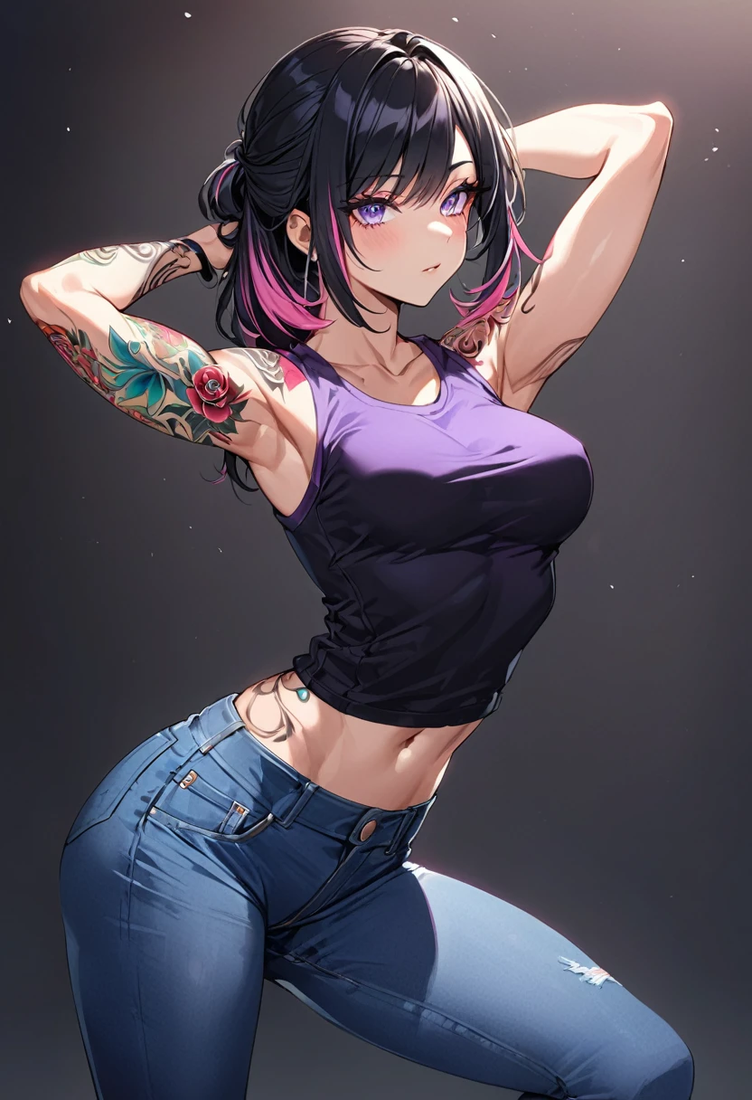 1woman, black hair with pink tips, purple eyes, wearing a casual black jacket, purple top, blue jeans, tattoos on arms, colorful tattoos, showing body, toned body, medium breasts, sexy pose