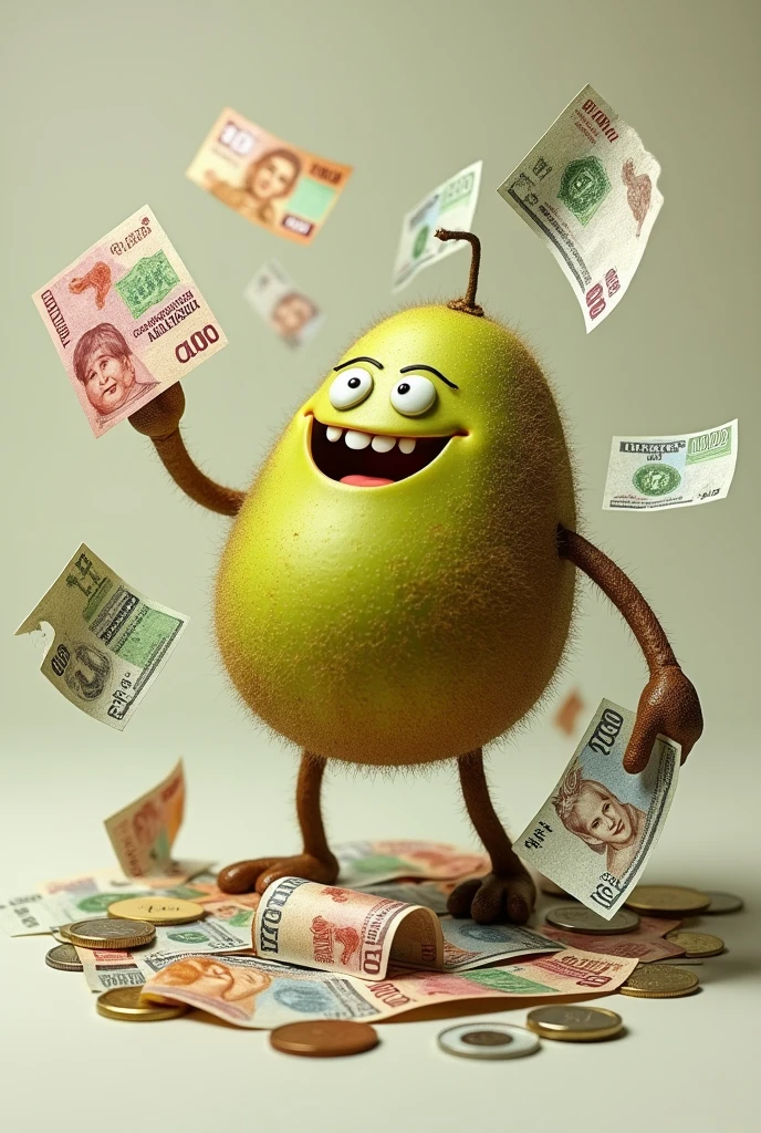 A kiwi with money around them
