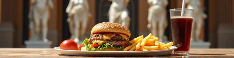 1 table with a tray of French fries,  hamburger, and a soda with a straw next to it, background with greek mythology theme, statues of greek gods in the background