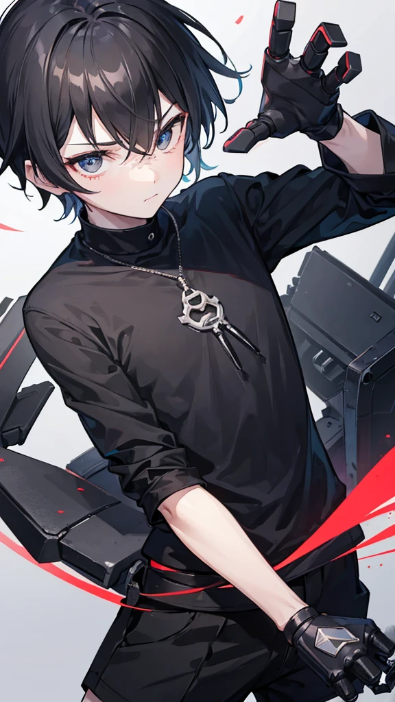 A boy in a black shirt and black shorts, with iron robotic hands