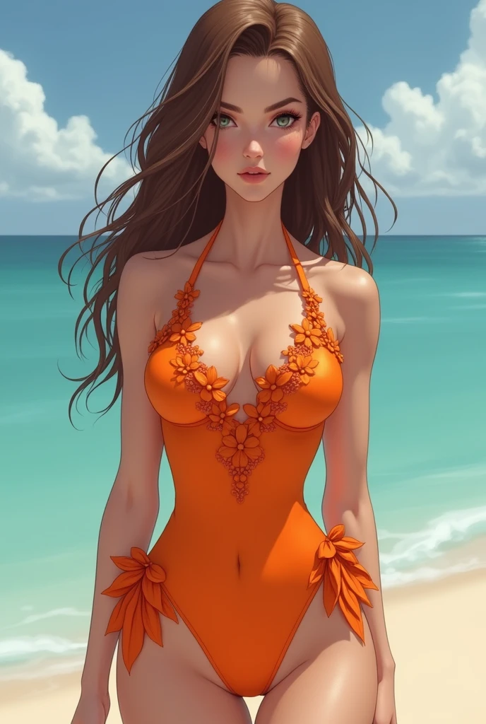 White woman, Brown hair, skinny, long face, waist smaller than the rest of the body,  in a provocative orange swimsuit with a flower petal design, these are a darker orange color. 