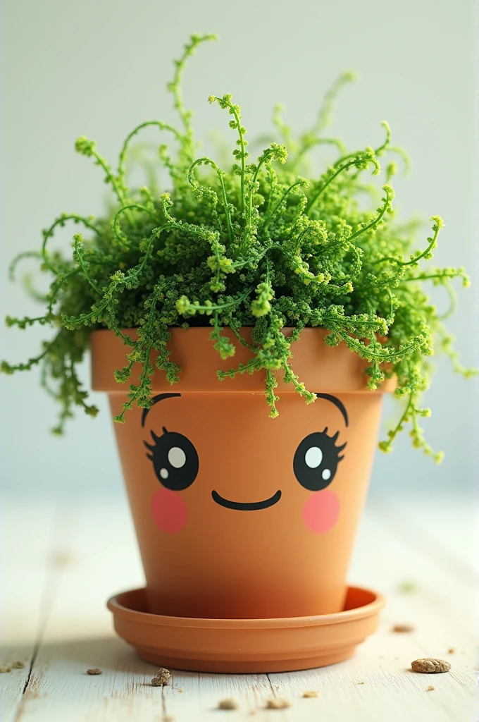 Design me an image where you see a flower pot with a face and hair growing from chia 