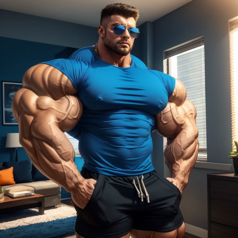 hyper growth, hyper muscles, a very handsome young man, sunglasses, wearing a blue shirt and black shorts, exaggeratedly muscular, exaggeratedly huge muscles, exaggeratedly huge arms, biceps, shoulders and pecs, hands in pockets, standing in an apartment