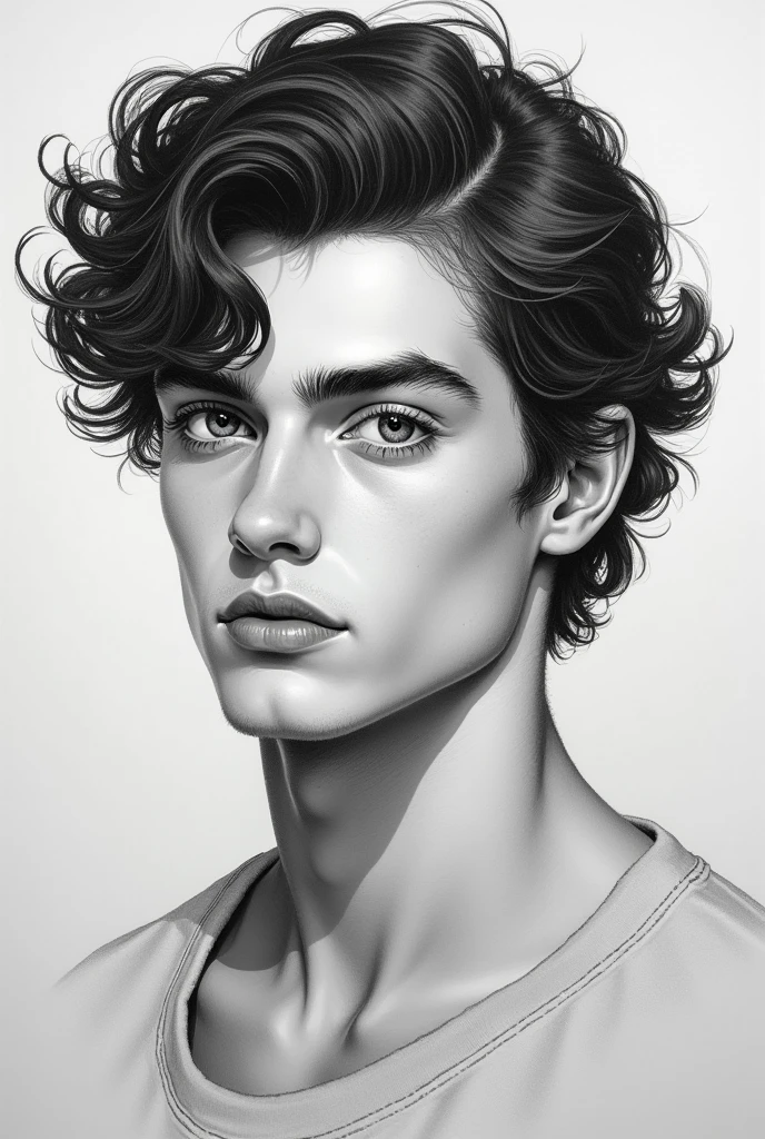 A young man with dark brown hair with curls, white, 18 years old, slightly trained body, really handsome, tall and grey eyes, sharp jawline and cheekbones, drawing