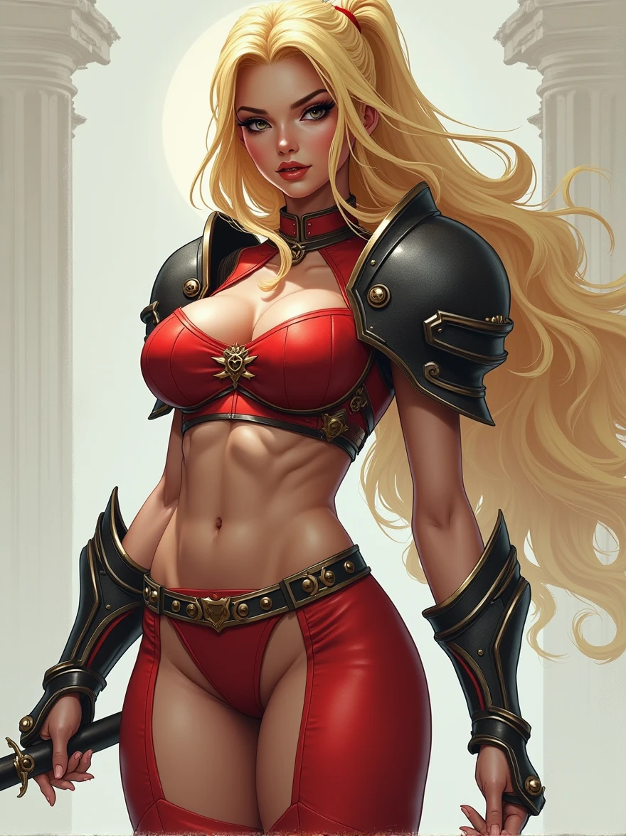 Very long hair blonde fit Woman wearing armor chun li cosplay, Womanly, impossibly small tiny waist abs waistline, circumference of lower extremities far exceeds 80 inches hips, she has massively immense hip measurements, with the worlds largest buttocks, location random, intense detail, bold leggings, hyper realistic, A bottom-heavy, superior body part, voluptuous lower body, feminine figure, portraits, Reductionist form, mujercore, bold lines, in the style of Mike Campau, Iris Van Herpen, Howard Schatz, Russian-Western, an Inferior Physical Goddess - s2 ((masterpiece)), (((best quality)))