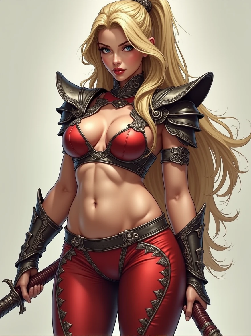 Very long hair blonde fit Woman wearing armor chun li cosplay, Womanly, impossibly small tiny waist abs waistline, circumference of lower extremities far exceeds 80 inches hips, she has massively immense hip measurements, with the worlds largest buttocks, location random, intense detail, bold leggings, hyper realistic, A bottom-heavy, superior body part, voluptuous lower body, feminine figure, portraits, Reductionist form, mujercore, bold lines, in the style of Mike Campau, Iris Van Herpen, Howard Schatz, Russian-Western, an Inferior Physical Goddess - s2 ((masterpiece)), (((best quality)))