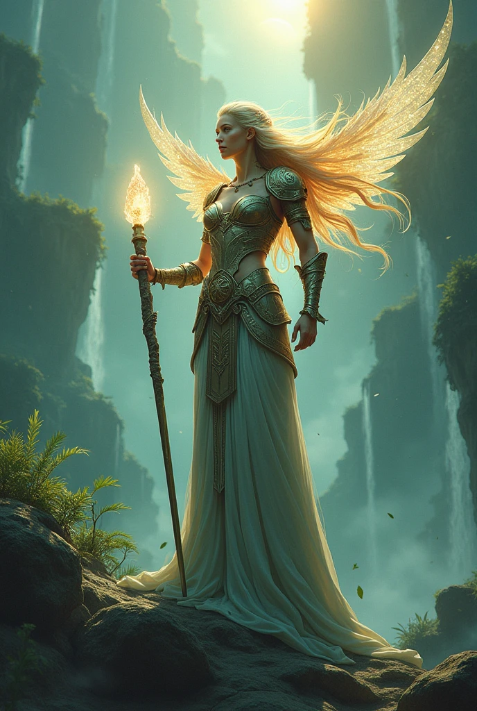 (Guardian of the Enchanted Isles:1.4), (fantasy art style:1.4), (masterpiece:1.4, best quality), (photo realistic:1.4), majestic figure standing tall on a floating island, surrounded by swirling mist and ethereal light, wearing ancient, ornate armor with glowing runes, long flowing hair that dances with the wind, (piercing gaze:1.2), (deep, reflective eyes:1.2), holding a staff that emanates a soft, radiant light, wings made of shimmering crystals that catch the light of the distant sun, (vibrant and lush landscape:1.2), (floating islands with cascading waterfalls:1.2), (mystical flora and fauna:1.2), dynamic composition with strong contrasts, rich textures, dramatic lighting, ((vivid greens:1.2)), (deep blues:1.2), (golden accents:1.2), (((complex background:1.2))), ((high-quality and detailed)), enchanting atmosphere, otherworldly beauty, captivating features, transcendent and unique, perfect image quality, powerful and serene presence