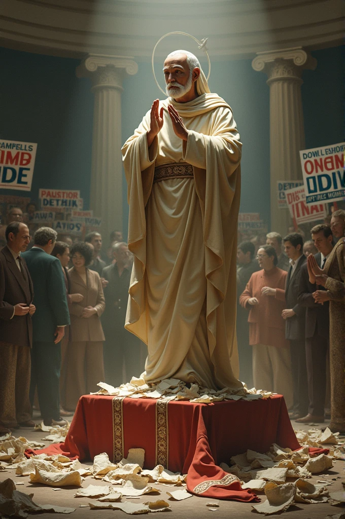 An image that matches the phrase "Attention, candidates!, whoever lives by promise is holy" could show a figure of a saint on an altar, with a scenario that suggests a political campaign, such as election signs or a rally stage backdrop. The saint could be in a thoughtful pose or blessing, while around it there is a contrast with elements that represent unfulfilled promises, like torn papers, or something symbolic that indicates empty promises. This composition would create an interesting visual contrast between holiness and politics., reinforcing the message of the sentence.