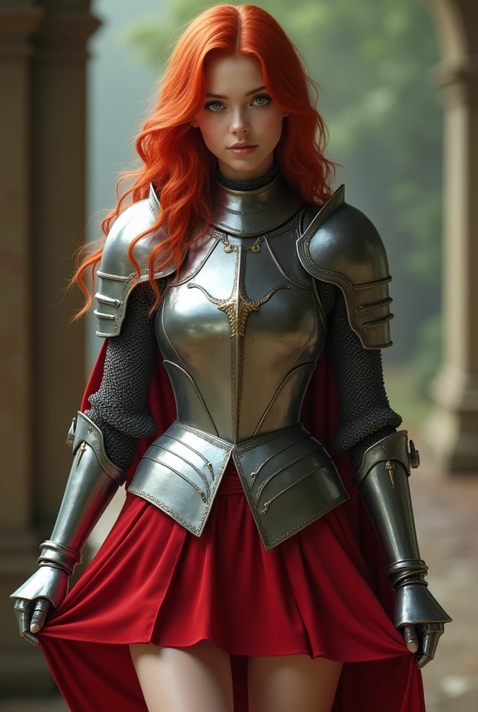 (female warrior: 1.5), (redhead warrior girl: 1.3), 1 girl, solo, pretty girl, young girl, (red hair), (green eyes), thin girl, small breasts, pretty face, slim waist, thin legs , gap between thighs, (knight's armor), (steel breastplate, steel gauntlets, steel gloves: 1.1), (red mini skirt: 1.3), (skirt lifted by itself: 1.1), (skirt lift: 1.3), (showing white panties: 1.3), white panties, tiny panties, (cameltoe: 1.2), frontal, (cowboy shot), medieval fantasy, Dungeons and dragons, RPG character, best quality, (masterpiece), ultra-realistic, 8k