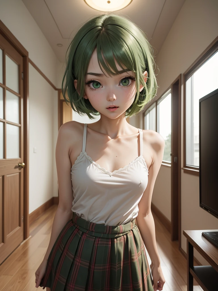 Make a 24 year old waifu loli student beautiful slender with surprised face in a detailed room and she is like waiting for the next class short green hair and hazel eyes sexy and pretty 