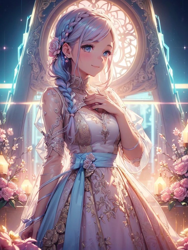 (((best quality, sharp image, clear image, cinematic lighting, 8k resolution, masterpiece, ultra detailed, intricate))) Girl, cute, intricate dress, braided hair, smiling,pastel pink, pastel blue, ((intricate background)), (flower frame), portal,sideview