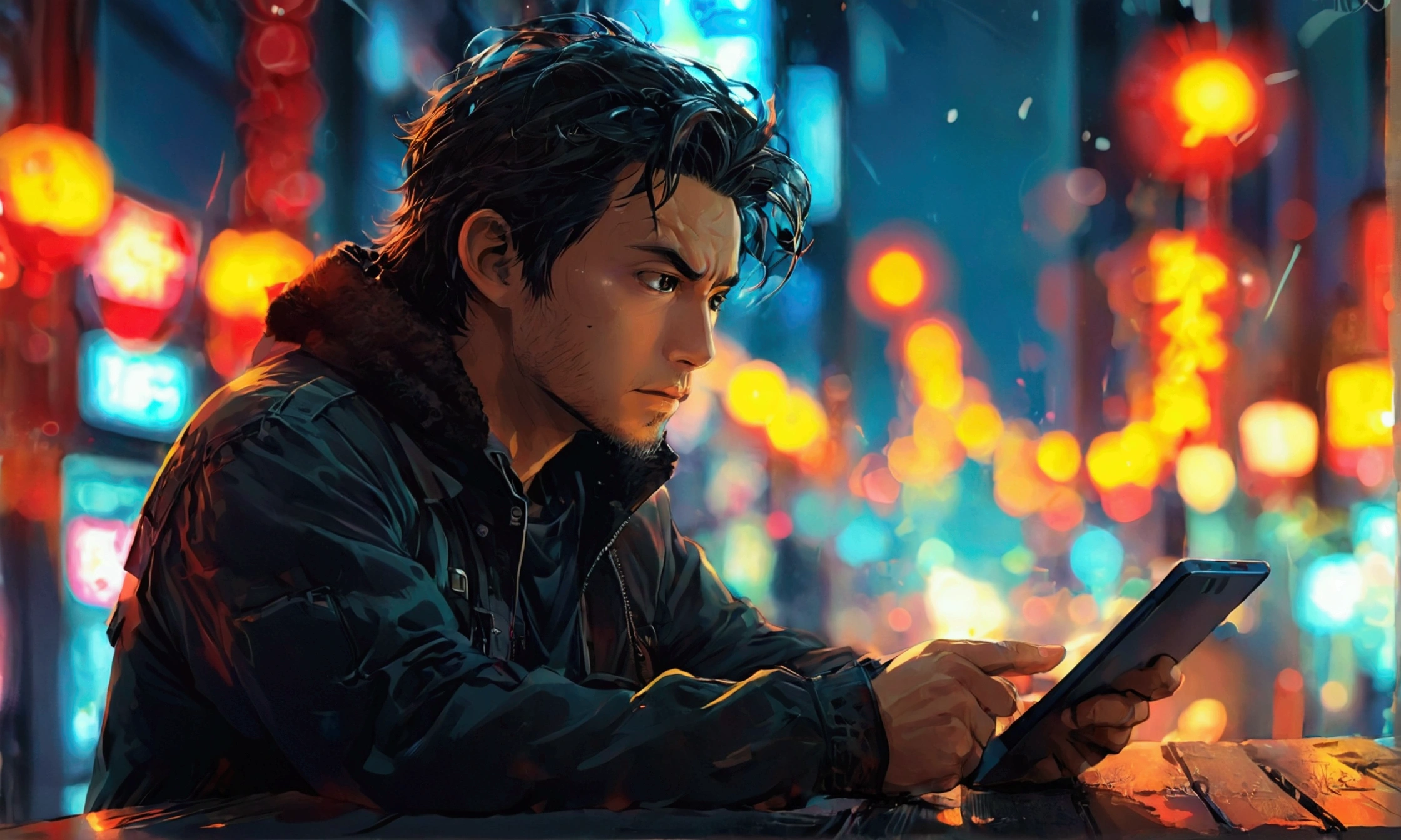 A MAN LOOKING AT THE GPS ON TABLET,manga style art,manga style art,manga style art,manga style art