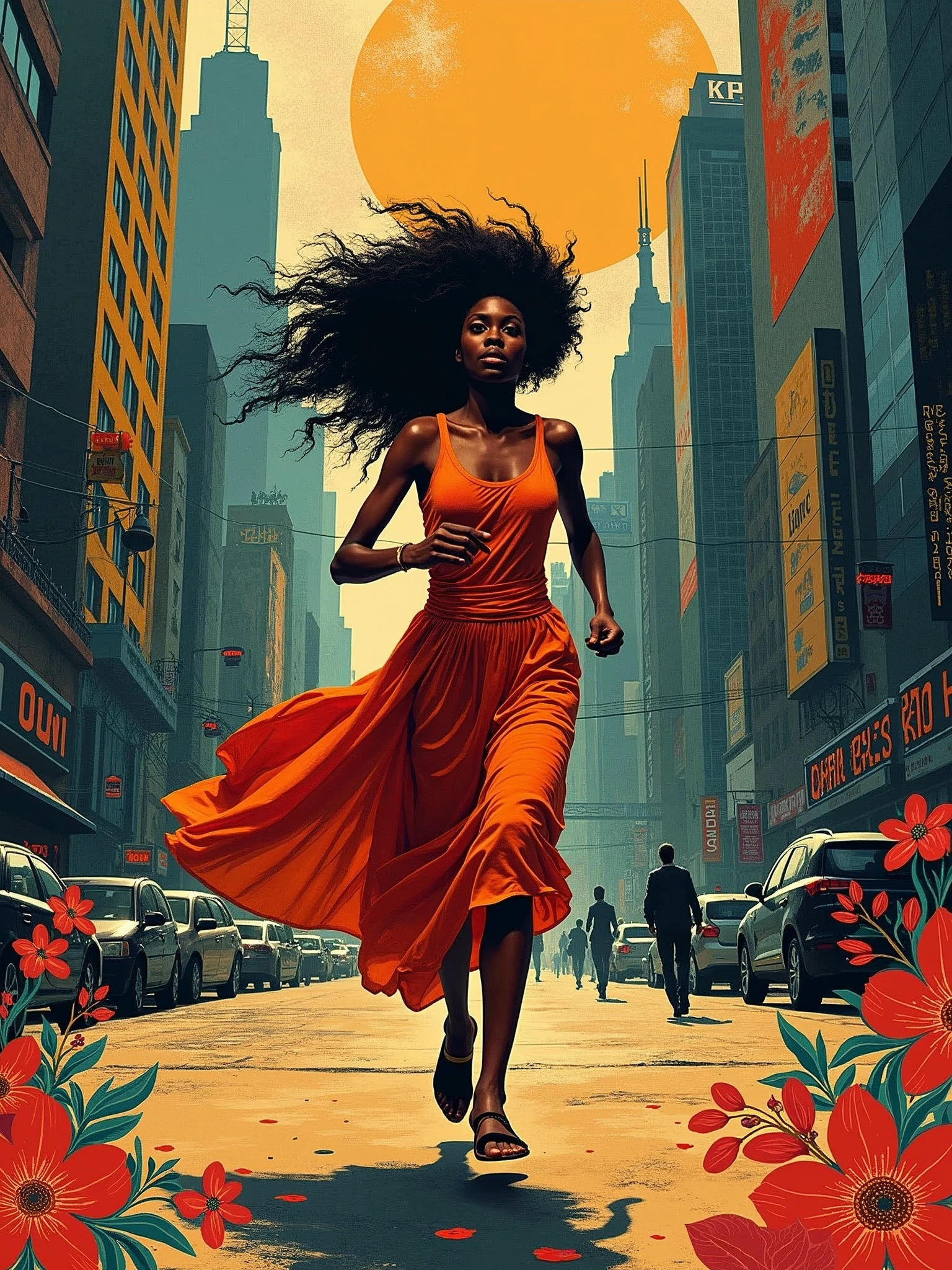 A surreal afro-american woman running in the streets of a bustling metropolis. The background features abstract shapes and lines, creating an atmosphere reminiscent of Indian art styles. This artwork includes various textures such as woodcut print texture, colored ink texture, oil painting texture, and paper-cut style. It also incorporates elements like flowers or patterns, adding to its artistic charm. The artwork is in the style of Indian art.