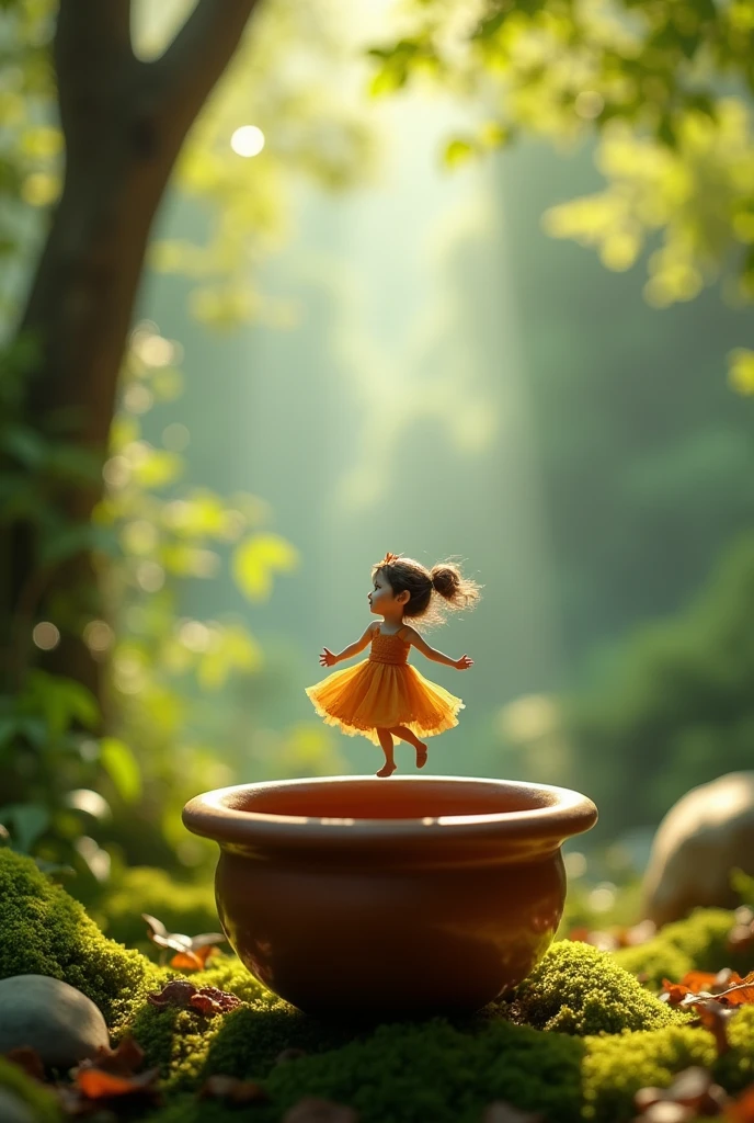 A whimsical miniature figure composed
poised in a carefree dance on the rim of
pot, set against a lush, vibrant forest
backdrop, where dappled sunlight filters
through the canopy above, casting
intricate shadows, The overall aesthetics
with warm. earthy number,