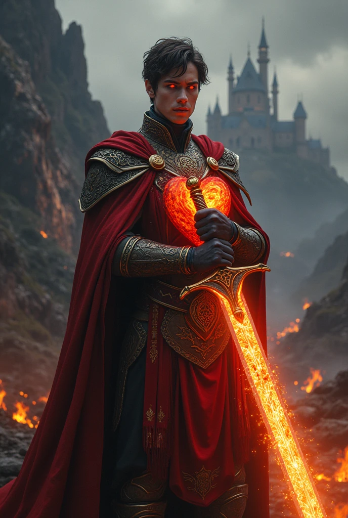 Imagine a majestic young king with red eyes. It stands against the backdrop of a magnificent kingdom with a castle and towers., surrounded by dark hills and burning gardens. In one hand the king holds a sword with exquisite flame patterns., sparkling on the blade from which flames issue, symbolizing strength and courage. And on the other hand he holds a fiery heart.



 