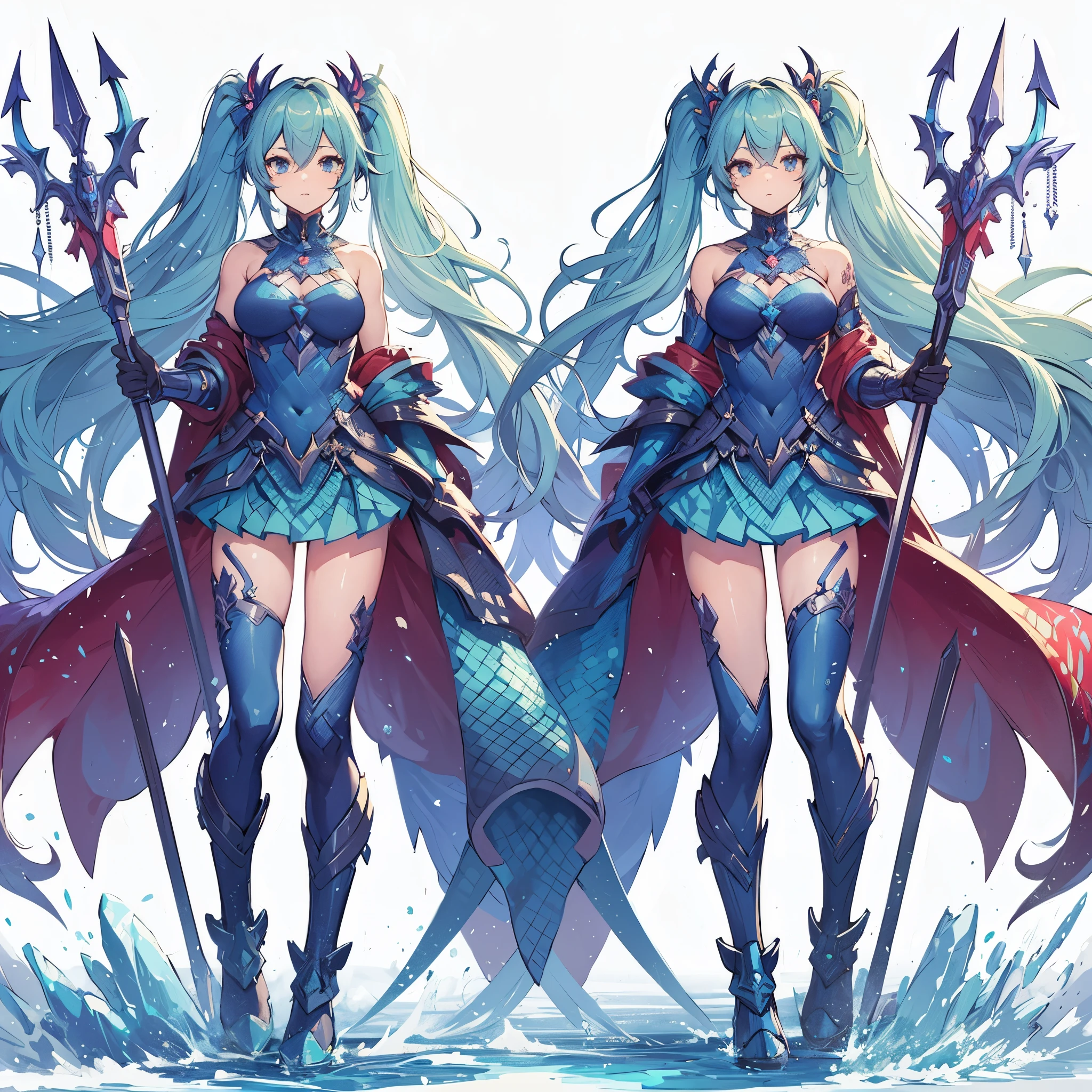 (masterpiece, Best Quality), (detailed hairs), Ultra-detailed, Anime style, Full body, Solo, two Cyberpunk agent girl, standing with twins. same face, same hairstyle, aqua-blue Harf-up hairstyle, held trident, azure-blue wrestler costume, scale pattern armor, red cape fluttering in the wind, wearing long boots, aquaria aura, ultra-massive, tall stylish, Muscular but feminine body shape, White background, standing full length, standing on frost earth,