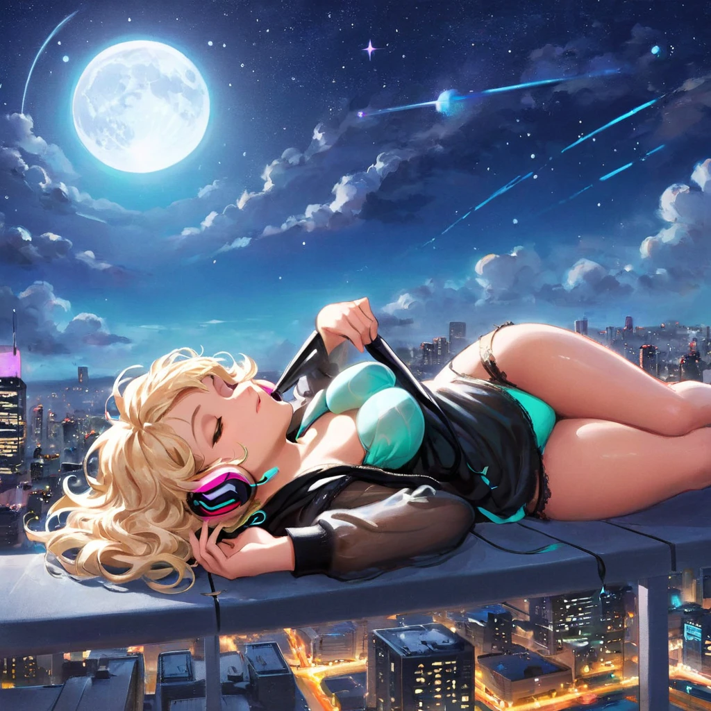 a beautiful 20 year old blonde woman with big messy hair laying down on a cloud in the sky floating over a cityscape at night, wearing headphones, looking down at the city, twinkling stars and glowing moon, fantasy art style, full body, rossdraws cartoon vibrant, cyberpunk, cute detailed digital art, colorfull digital fantasy art, digital fantasy art ), glossy digital painting, rossdraws pastel vibrant, rossdraws 2. 5, rossdraws 1. 0