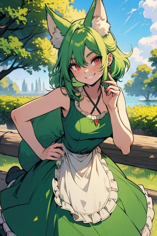 Perfect face. Perfect hands. A light green haired woman with red eyes with green fox ears and a green fox tail in a cute summer dress is smiling in the park