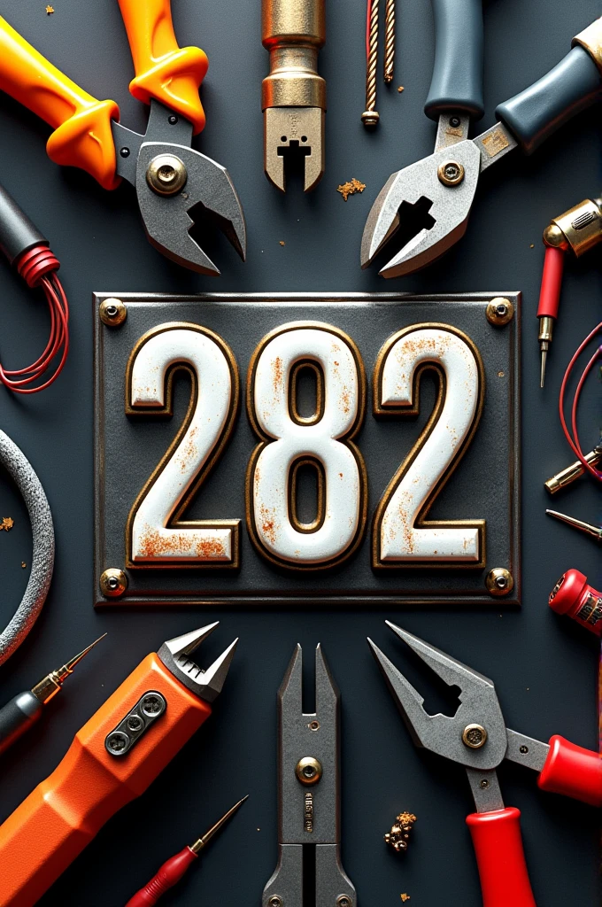 Electrician's nameplate with tools, wires and the number 282 in the center of the board