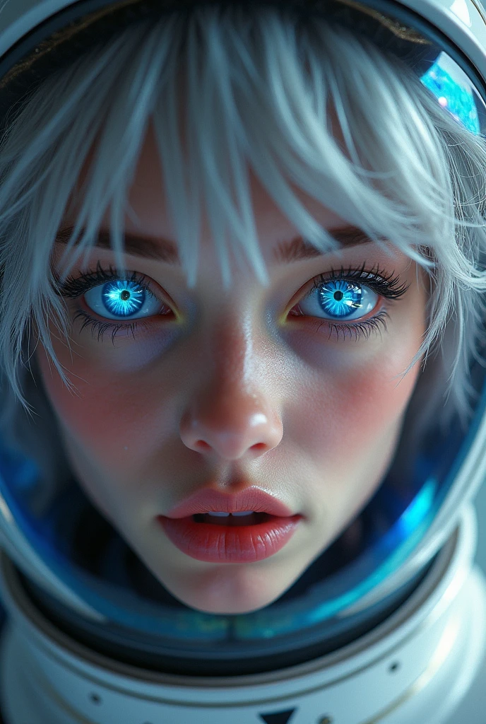 (Close-up of a better masterpiece:1.5)0.9], (Space and astronauts:1.2) (Messy silver hair:1.1) (Heterochromia xanthochromia and blue eyes:1.2) (Space Helmet:1.0) (Colored stars in the eyes:1.0) (A radiant glow:1.1) (thick lips:0.9)