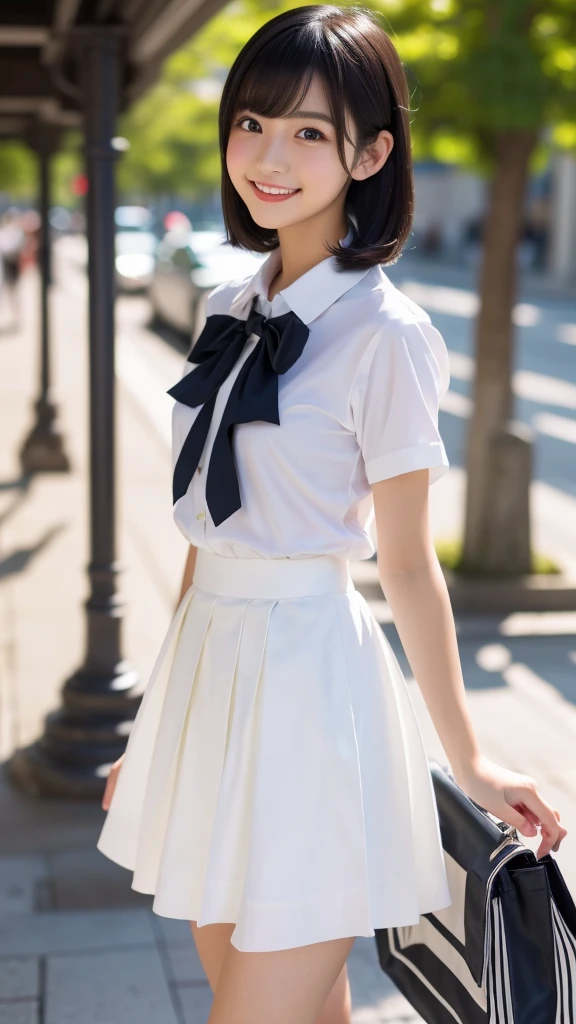 high quality, 1 girl, full body shot, young beautiful japanese woman, Long bob hair, morning、Walking around the city with a big smile, glamorous look, wearing a short sleeves white collared silky shirt with shiny red satin plain bow tie, Wearing a dark blue pleated long skirt, wearing white wireless headphones on his head, Tote bag slung over shoulder, super cute face, glossy lips, double eyelids in both eyes, natural makeup,black hair , asymmetrical bangs, In the classroom, Portrait, High resolution, high detail, detailed hairstyle, detailed face, great cinematic lighting, vibrant, surreal, perfect limbs, perfect anatomy