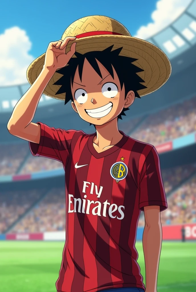"Luffy from one piece standing in a soccer stadium smiling, while wearing a striped Nike Inter Milan jersey and carrying his straw hat while holding it"