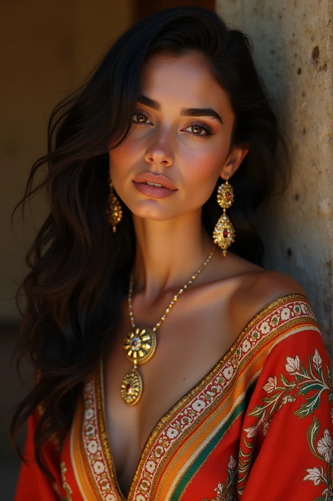 A beautiful Moroccan girl, dark brown eyes, 26 years old, almond shaped eyes, oval face shape, wavy hair, 170cm, 65kg, highly detailed face, detailed skin texture, elegant poses, colorful Moroccan dress, gold jewelry, natural lighting, dramatic shadows, warm color palette, portrait, realistic, photorealistic, 8k, masterpiece
