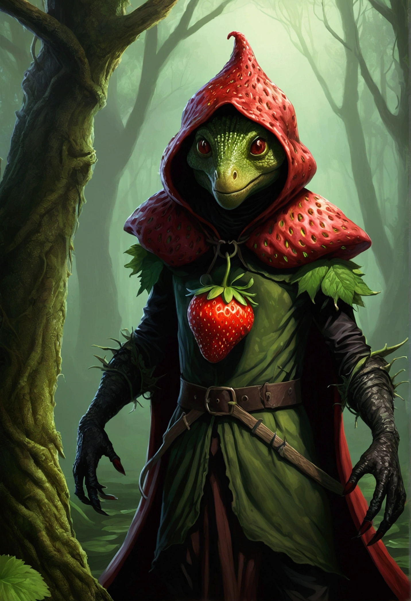 Digital painting of an anthropomorphic humanoid strawberry creature wearing a dark, witchy outfit with hood and robes. The creature has the distinct facial features of a crocodile or other reptilian creature - scaled skin, sharp teeth, and piercing reptilian eyes. The figure stands in a dark, swampy forest landscape, with gnarled trees, murky waters, and an eerie, ethereal atmosphere. Vibrant shades of red, green, and brown dominate the color palette, creating a rich, fantastical aesthetic. The strawberry witch exudes an aura of mysticism and primal power, blending whimsical and unsettling elements. Detailed, high-resolution, cinematic perspective.