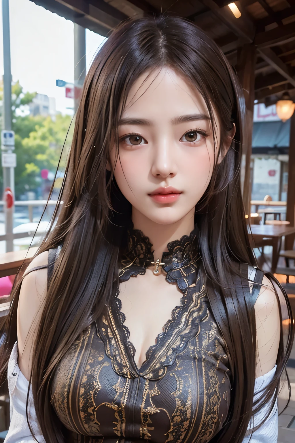 Realistic, Tabletop, Highest quality, RAW Photos, One Girl, alone, Long Hair, Brown Hair, Detailed face, Attractive face, , Medium chest, Dynamic pose, View your viewers, From below, Detailed Background, Fine details, Intricate details, Ray Tracing, Depth of written boundary, Low Key, Hmph