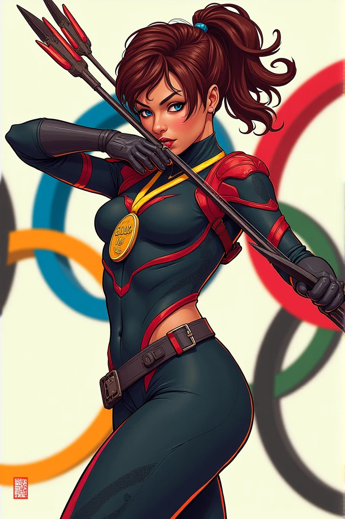 Drawing of Gamorra, a character from Guardians of the Galaxy, with a bow and arrow against the background of the Olympic rings and an Olympic medal around her neck.