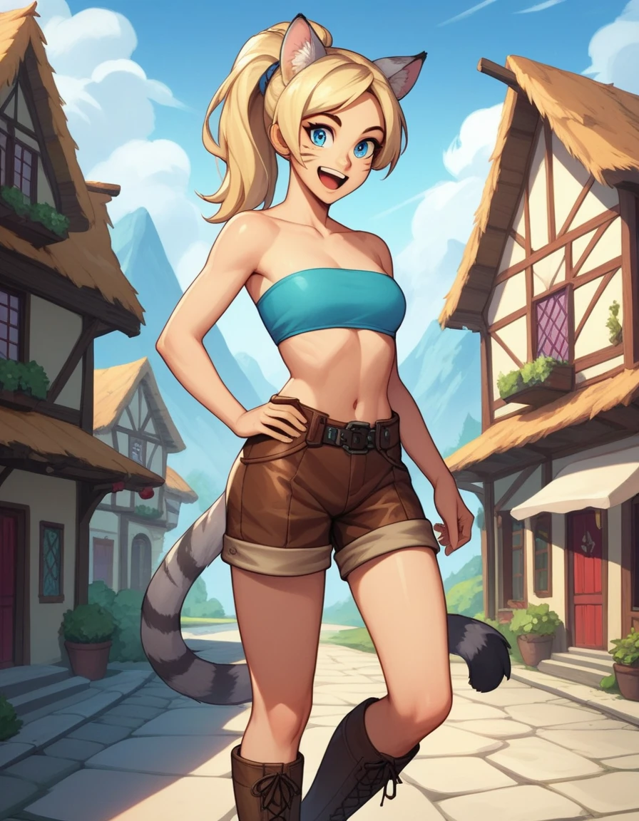 Solo, score_9,score_8_up,score_7_up, score_6_up, score_5_up,source_anime, human, Kat, blue eyes, black whisker marks on face, grey cat ears, blonde hair, hair in ponytail, wearing blue bandeau, brown shorts, adventuring gear, leather boots, laughing, big smile, mouth open, on a mountain pass trail, standing, in a village, hands to her face 